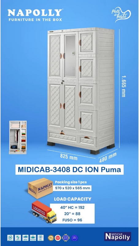 LEMARI PAKAIAN PLASTIK 3 PINTU NAPOLLY MIDICAB-3408 DC ION | LEMARIPLASTIK.ID | RAJA PLASTIK INDONESIA