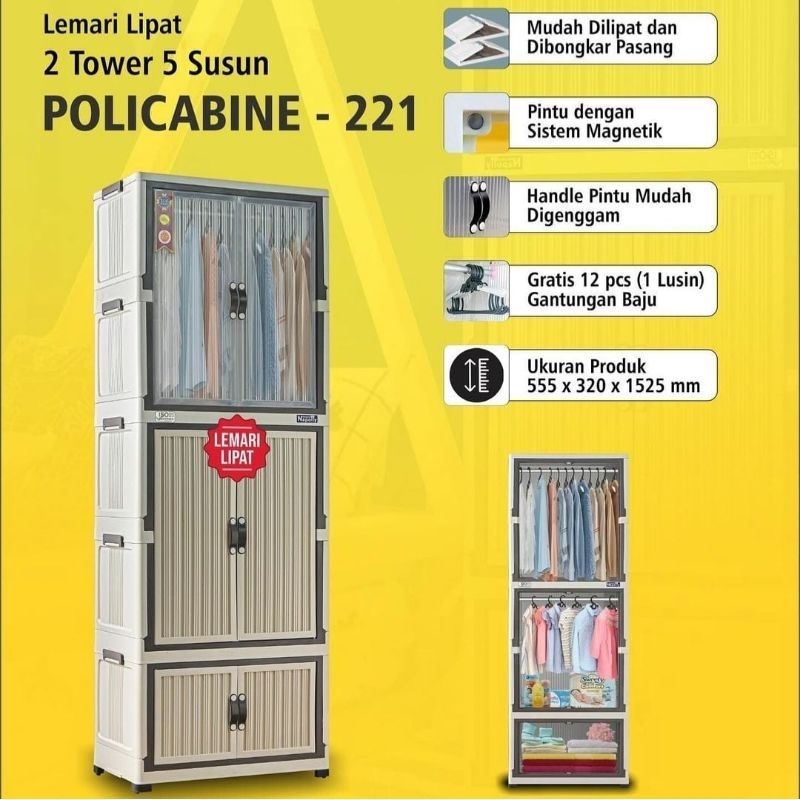 Napolly Policabine 221 Puma Lemari Lipat Pakaian Baju Container Box Laci Drawer Dengan Gantungan Hanger Plastik Pintu Magnet Transparan Folding Storage 2 Tower 5 Susun
