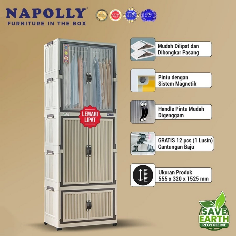 Napolly Policabine 221 Puma Lemari Plastik Lipat Pakaian Baju Container Box Laci Drawer Dengan Gantungan Hanger Plastik Pintu Magnet Transparan Folding Storage 2 Tower 5 Susun