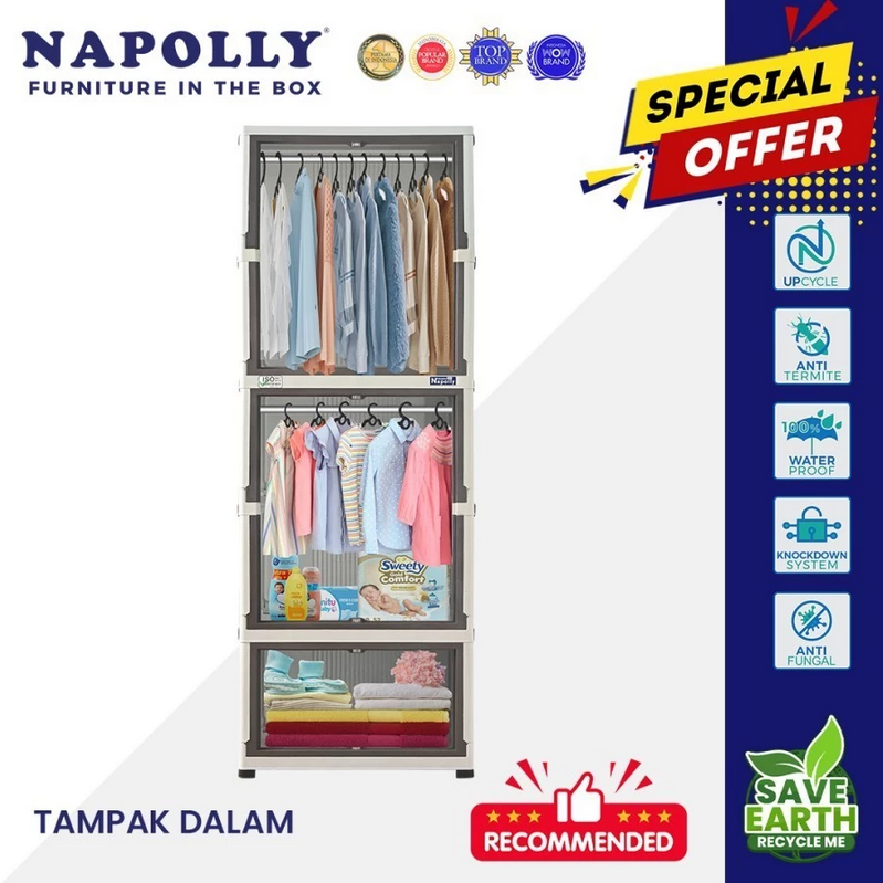 Napolly Policabine 221 Puma Lemari Plastik Lipat Pakaian Baju Container Box Laci Drawer Dengan Gantungan Hanger Plastik Pintu Magnet Transparan Folding Storage 2 Tower 5 Susun