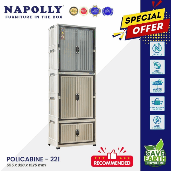 Napolly Policabine 221 Puma Lemari Plastik Lipat Pakaian Baju Container Box Laci Drawer Dengan Gantungan Hanger Plastik Pintu Magnet Transparan Folding Storage 2 Tower 5 Susun