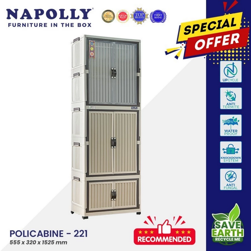Napolly Policabine 221 Puma Lemari Plastik Lipat Pakaian Baju Container Box Laci Drawer Dengan Gantungan Hanger Plastik Pintu Magnet Transparan Folding Storage 2 Tower 5 Susun
