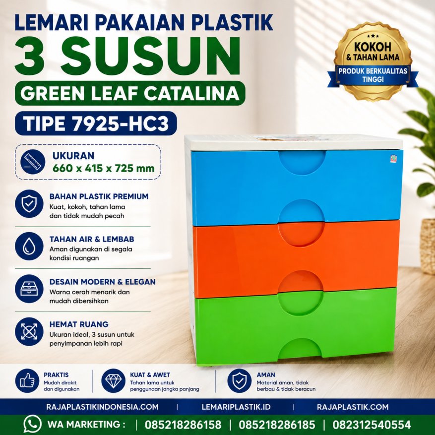 LEMARI PAKAIAN PLASTIK 3 SUSUN GREEN LEAF CATALINA TIPE 7925-HC3, UKURAN 660 x 415 x 725 mm: Solusi Penyimpanan Modern, Praktis, dan Tahan Lama