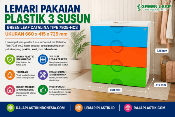LEMARI PAKAIAN PLASTIK 3 SUSUN GREEN LEAF CATALINA TIPE 7925-HC3 (2) LEMARI PAKAIAN PLASTIK 3 SUSUN GREEN LEAF CATALINA TIPE 7925-HC3, UKURAN 660 x 415 x 725 mm: Solusi Penyimpanan Modern, Praktis, dan Tahan Lama