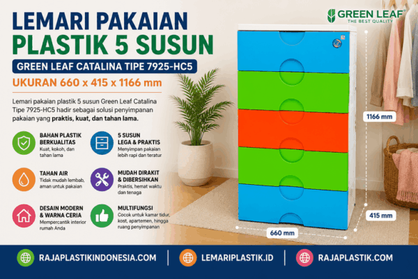 LEMARI PAKAIAN PLASTIK 5 SUSUN GREEN LEAF CATALINA TIPE 7925-HC5 (2) LEMARI PAKAIAN PLASTIK 5 SUSUN GREEN LEAF CATALINA TIPE 7925-HC5, UKURAN 660 x 415 x 1166 mm – Lemari Plastik Premium dengan Kapasitas Besar untuk Hunian Modern
