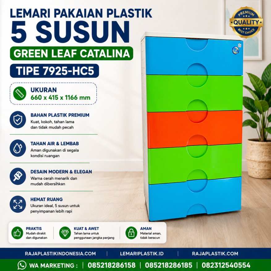 LEMARI PAKAIAN PLASTIK 5 SUSUN GREEN LEAF CATALINA TIPE 7925-HC5, UKURAN 660 x 415 x 1166 mm – Lemari Plastik Premium dengan Kapasitas Besar untuk Hunian Modern