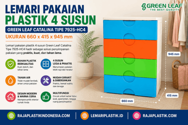 LEMARI PLASTIK 4 SUSUN JUMBO GREEN LEAF CATALINA TIPE 7925-HC4 (2) LEMARI PAKAIAN PLASTIK 4 SUSUN GREEN LEAF CATALINA TIPE 7925-HC4, UKURAN 660 x 415 x 945 mm: Kabinet Plastik Modern, Kokoh, Praktis, dan Solusi Penyimpanan Serbaguna