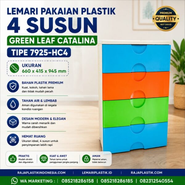 LEMARI PAKAIAN PLASTIK 4 SUSUN GREEN LEAF CATALINA TIPE 7925-HC4, UKURAN 660 x 415 x 945 mm: Kabinet Plastik Modern, Kokoh, Praktis, dan Solusi Penyimpanan Serbaguna