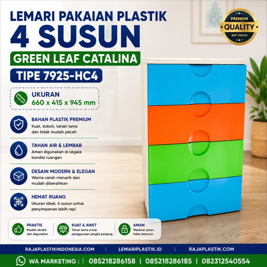 LEMARI PAKAIAN PLASTIK 4 SUSUN GREEN LEAF CATALINA TIPE 7925-HC4, UKURAN 660 x 415 x 945 mm: Kabinet Plastik Modern, Kokoh, Praktis, dan Solusi Penyimpanan Serbaguna